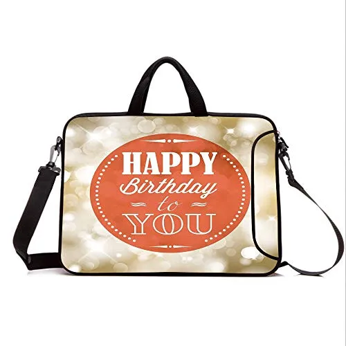 15" Neoprene Laptop Bag Sleeve with Handle,Adjustable Shoulder Strap & External Side Pocket,Birthday Decorations,Stamp with Retro Letters Celebratory Message Bokeh Background,Orange Gold White