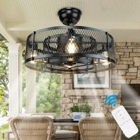 4-Light Matte Black Metal Caged Farmhouse Remote Ceiling Fan Light, Industrial Vintage Chandelier Fan With 8 Invisible Blades