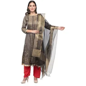 A R Silk Women's Tissue Silk Zari Work Black Regular Dupatta