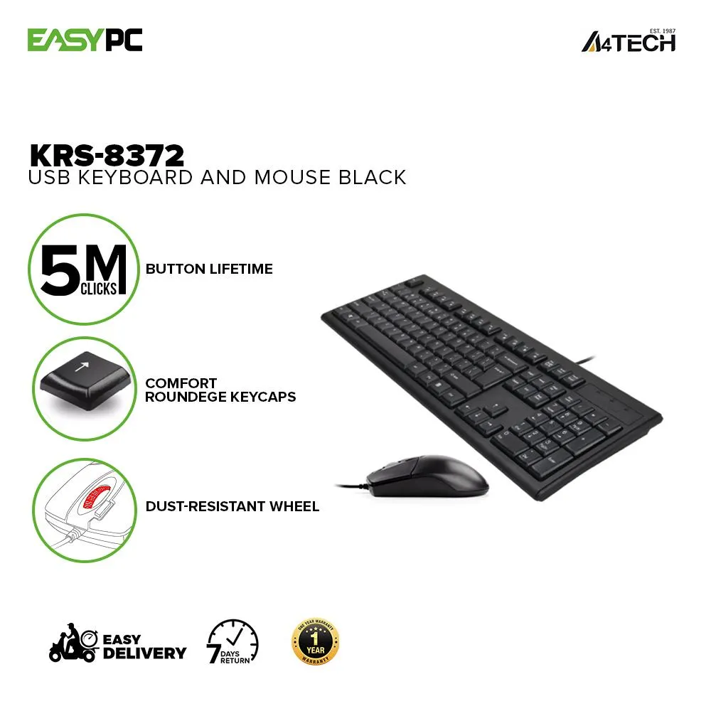 A4tech KRS 8372 Usb, FN Hot Keys, 5 M Clicks Button Lifetime, 1000 DPI, Adjustable Keyboard Height, Keyboard and Mouse