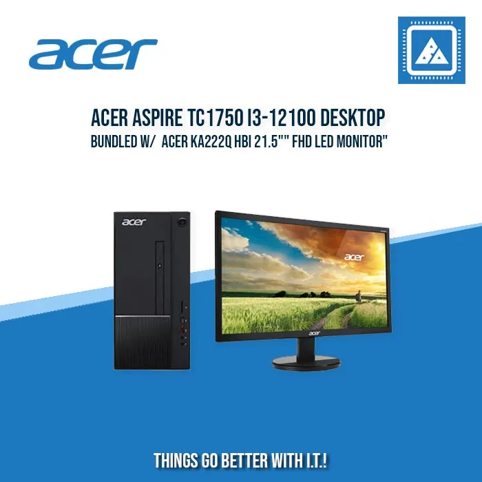 ACER ASPIRE TC1750 I3-12100 DESKTOP BUNDLED W/  ACER KA222Q HBI 21.5"" FHD LED MONITOR