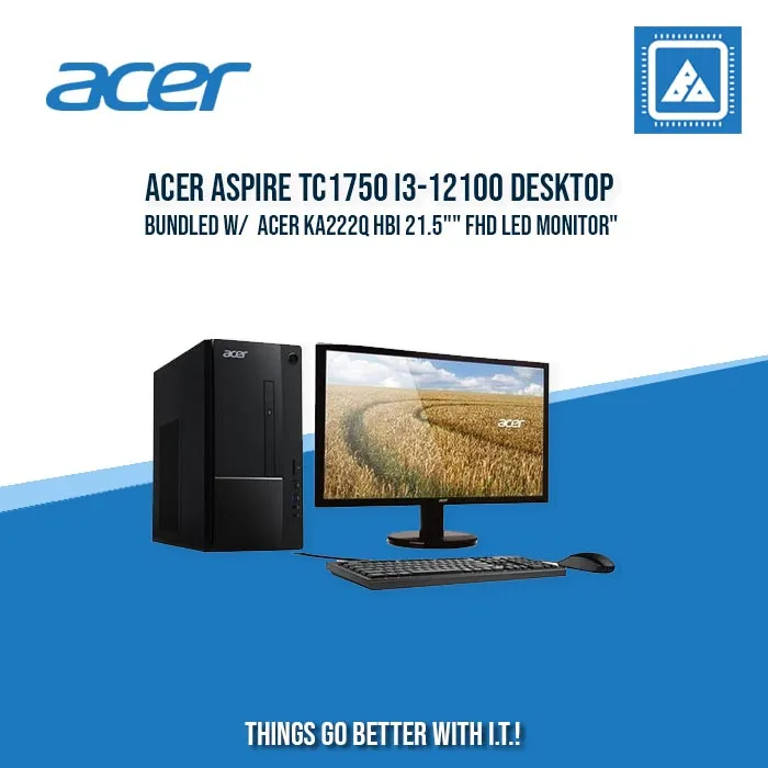 ACER ASPIRE TC1750 I3-12100 DESKTOP BUNDLED W/  ACER KA222Q HBI 21.5"" FHD LED MONITOR