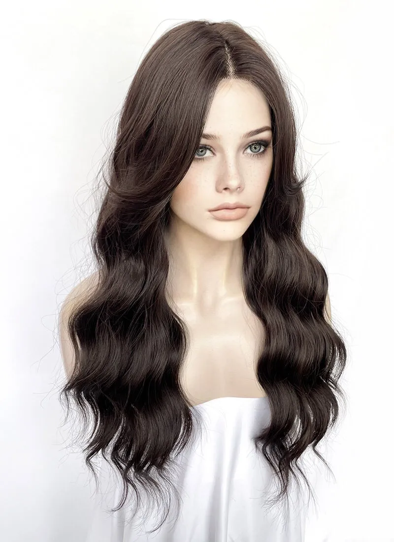 Brunette Curtain Bangs Wavy Lace Front Synthetic Hair Wig LF3338