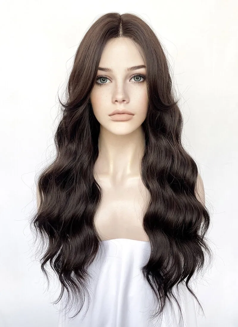 Brunette Curtain Bangs Wavy Lace Front Synthetic Hair Wig LF3338