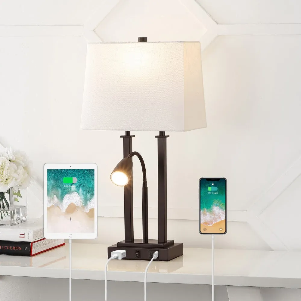 Cinkeda 23.75" 2-Light Modern Farmhouse Metal LED Table Lamp with USB Charging port