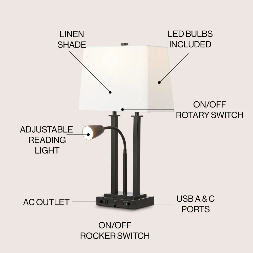 Cinkeda 23.75" 2-Light Modern Farmhouse Metal LED Table Lamp with USB Charging port