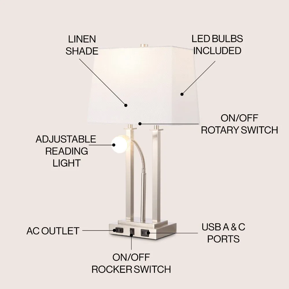 Cinkeda 23.75" 2-Light Modern Farmhouse Metal LED Table Lamp with USB Charging port