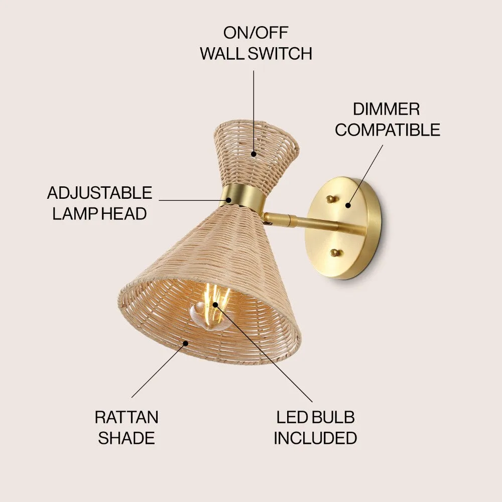 Eirene 10" 1-Light Mid-Century Vintage Retro Rattan/Metal LED Sconce with Adjustable Shade