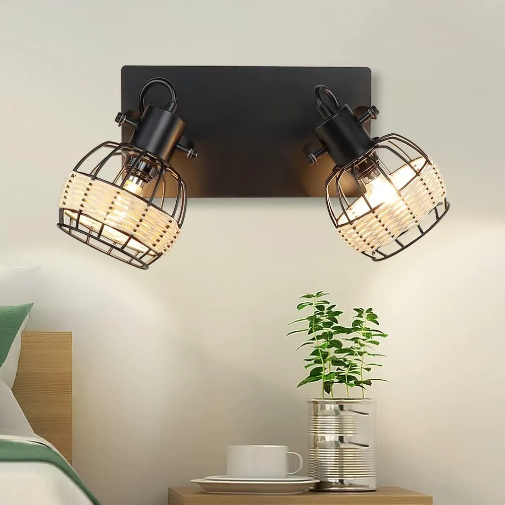 Farmhouse Rustic Ceiling or Wall-Mounted LED Light with Rattan Cage