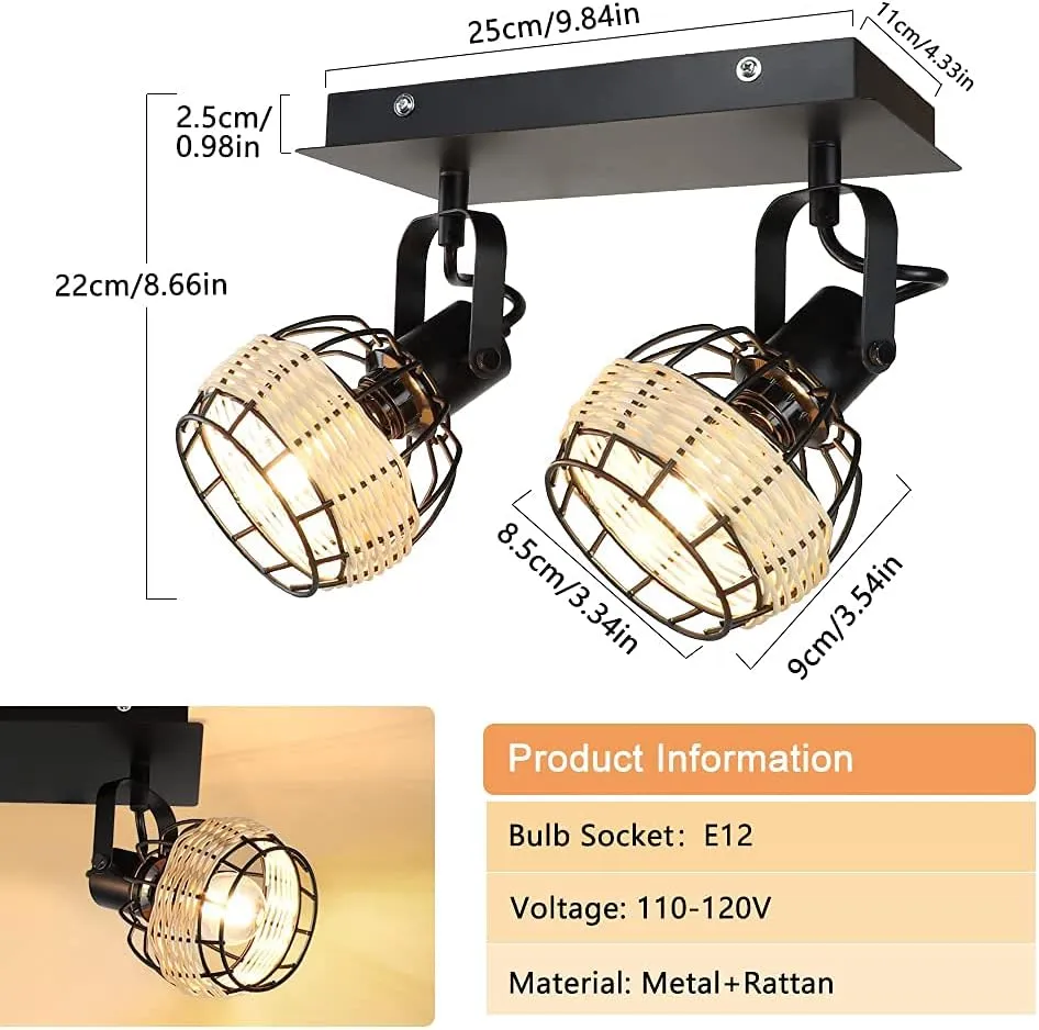 Farmhouse Rustic Ceiling or Wall-Mounted LED Light with Rattan Cage