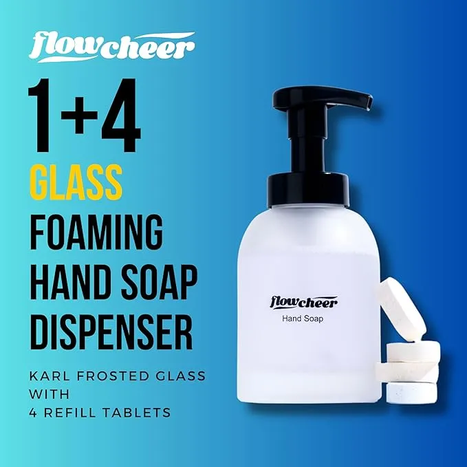 Foaming Hand Soap Refill Tablets - Glass Foaming Soap Dispenser Combo - Karl Frosted Real Glass Bottle 11 oz - 4 Refill Tablet Included Start Kit - Soap Pump for Bathroom Kitchen Countertop