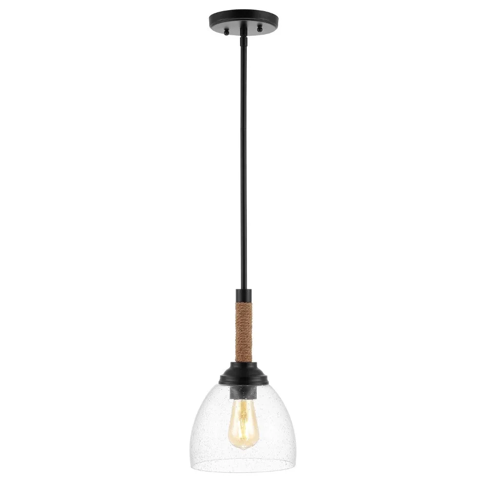 Hitchcock 7.63" Adjustable Rope-Wrap Modern Rustic Iron/Glass LED Pendant