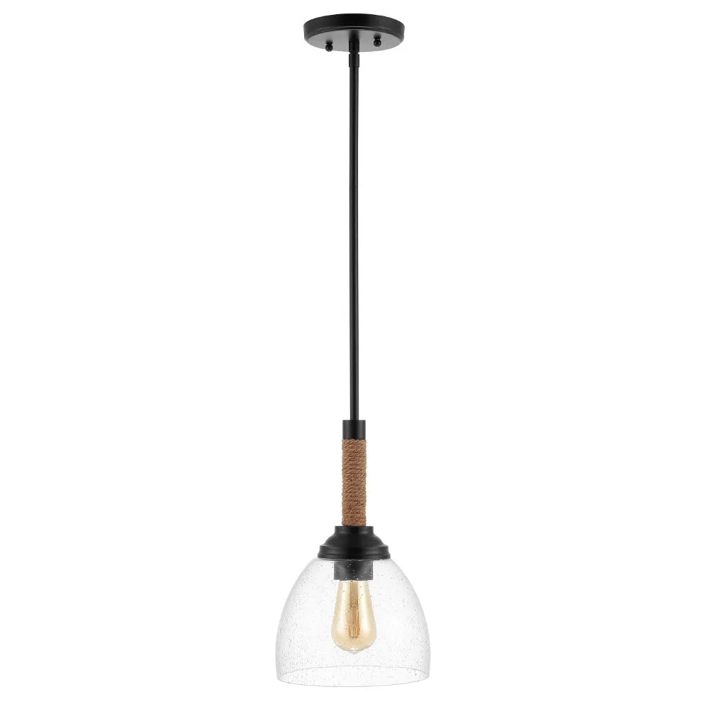 Hitchcock 7.63" Adjustable Rope-Wrap Modern Rustic Iron/Glass LED Pendant