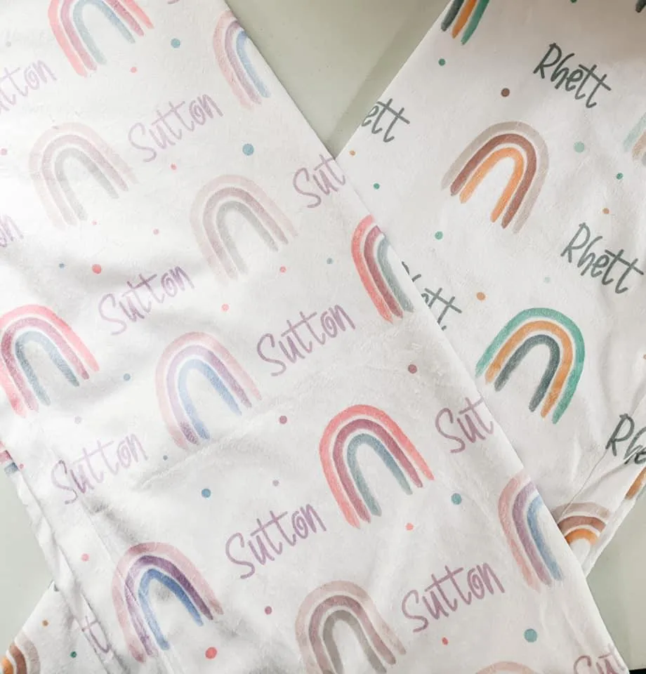 Neutral Rainbow Print (Berry) Personalized Minky Blanket (Smooth Minky)