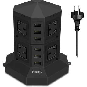 Power Hub 8AC/6USB 2m Extension Cord Surge Protector (Black)